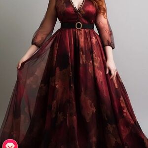 FlyCurvy Plus Size Goth Burgundy Mesh Floral Print Empire Waist Maxi Dress